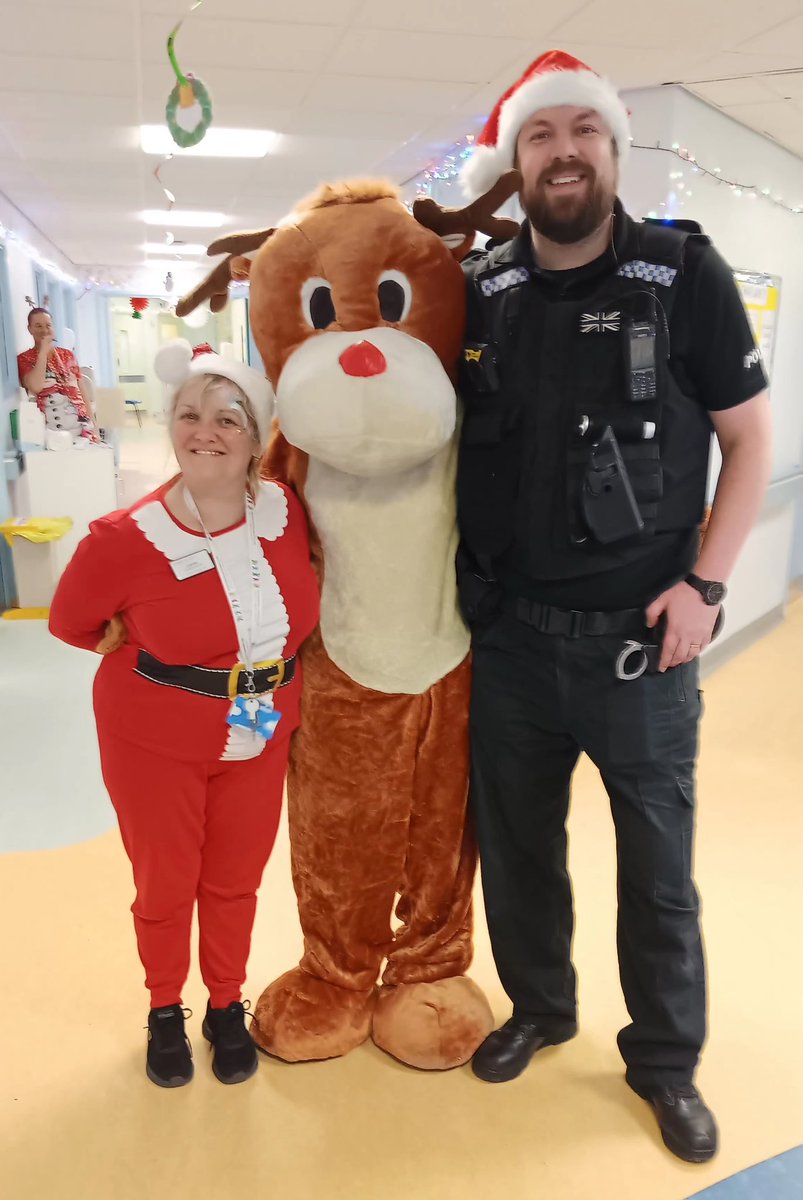 Rudolph having fun on the Treetops Ward at the University Hospital of North Durham today. Durham Constabulary were also there, delivering gifts for the children.