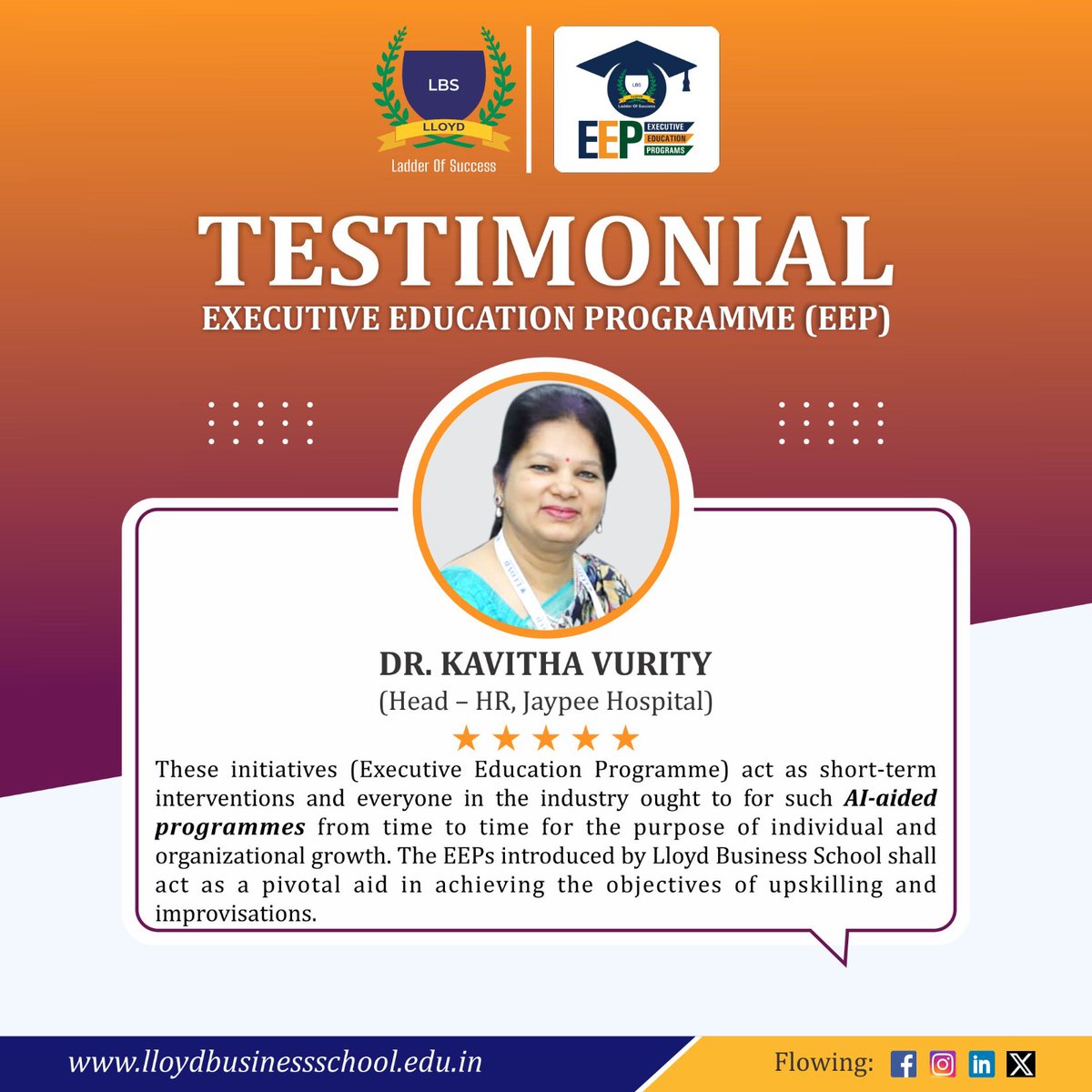 lloydlbspgdm's tweet image. Esteemed Guest,  Dr. Kavitha Vurity (Head - HR, Jaypee Hospital) on the launch of Executive Education Programme at Lloyd Business School.

#executiveeducationprogramme #lloydbusinessschool #dataanalystics #artificialintelligence #jaypeehospital #drkavithavurity