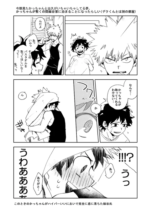 これも2015年に描いたやつなんだけどね…私が見た勝デの夢の内容の漫画なんだけどね…
このかっちゃん、石鹸と本人の体臭(でくくんの好みの匂い)が混ざってめちゃくちゃいい匂いしたってのを夢から覚めた後も鮮明に覚えてたんだよ 