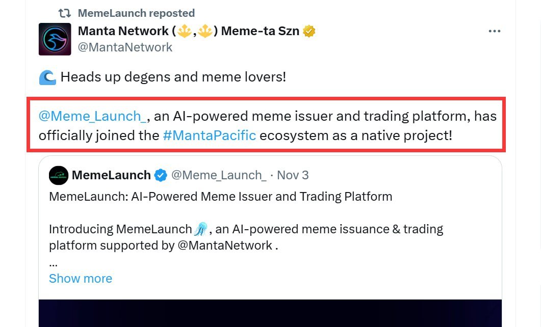 Airdrop6_com's tweet photo. New #airdrop: MemeLaunch (Random 1000 & Backed By MantaNetwork)
Reward: 160 Meme (~$20) 
News: MantaNetwork, Bitget
Distribution date: After listing

🔗Airdrop Link: https://t.co/1vYMas3YGt

1: The Top 200 referrals will be each get more Meme tokens
2: MemeLaunch partnered with Manta Network and CubeLabs