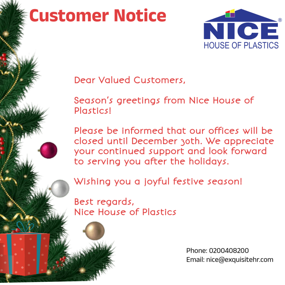 Nice House of Plastics will be closed until December 30th. We will resume normal operations thereafter.

Wishing you a wonderful holiday season and a Happy New Year! 🎄

#NiceHouseOfPlastics
#SeasonGreetings
#ThankYouForYourSupport