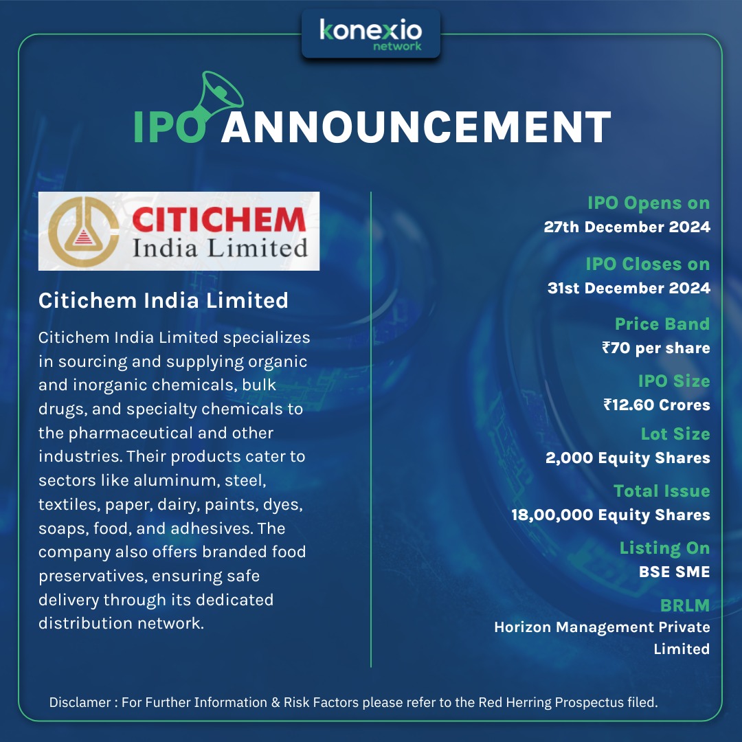 KonexioNetwork's tweet photo. Citichem India Limited is going public with it's IPO
Stay Tuned For More Such Updates !
#ipoannouncement #stockmarketindia #stocks #staytuned #stockmarket #market #marketofstocks #stockmarketindia #finance #ipoclose #ipoalert #ipoopens #Citichem
@KonexioNetwork https://t.co/Zls257xWDE