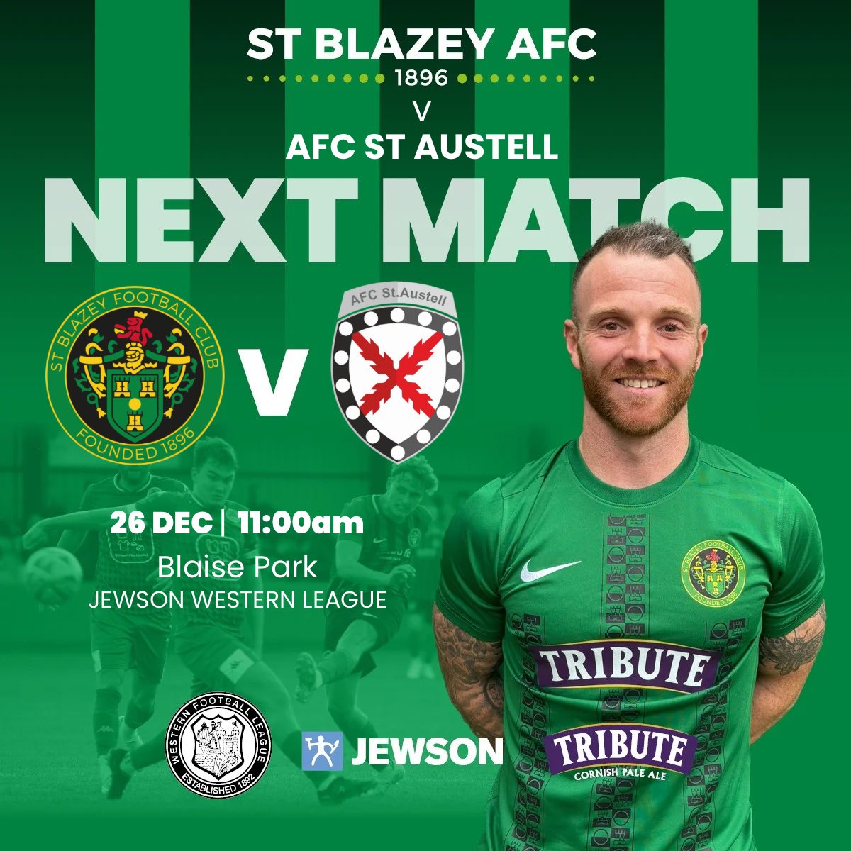 StBlazeyAFC's tweet photo. OUR NEXT MATCH - ⚽️ 

It’s the big one on Boxing Day as we host @AFCSTAUSTELL with an 11am KO. Tickets will be able to be bought cash only in advance in the clubhouse on the day. We will then have a cash gate and a card gate at the entrance. 

💚🖤 https://t.co/esfdUmqQcf