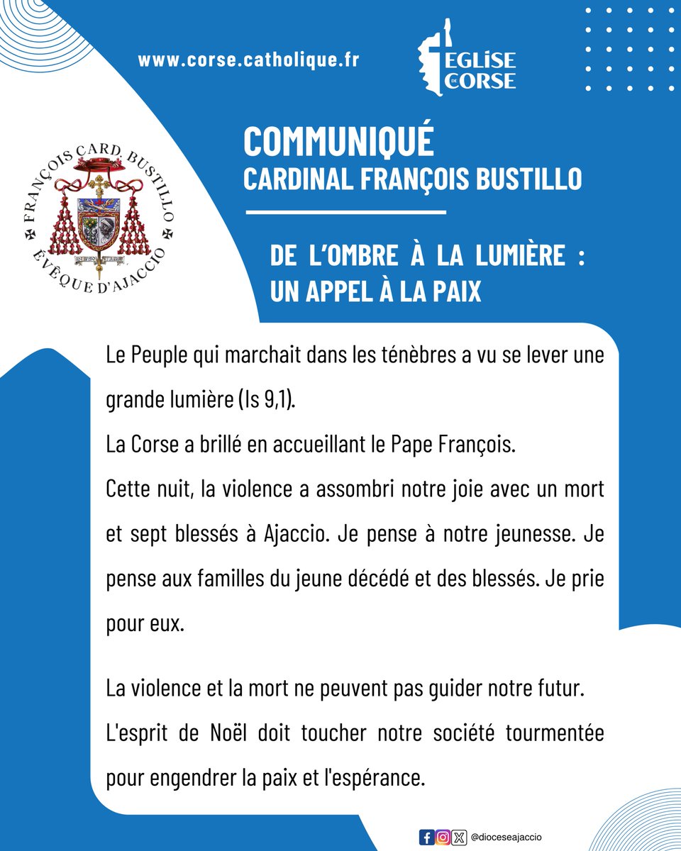 egliseencorse's tweet image. 🌟 "De l'ombre à la lumière : Un appel à la paix"
"La Corse a accueilli la lumière avec le Pape François, mais la violence l'a obscurcie. Je prie pour les victimes et notre jeunesse. Que l'esprit de Noël inspire paix et espérance."
🙏 Cardinal François Bustillo
#Paix #Espérance