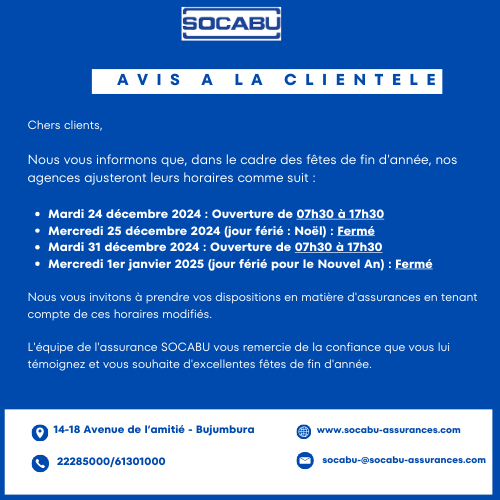 Avis à notre aimable clientèle.
#socabu #Burundi  #assurance