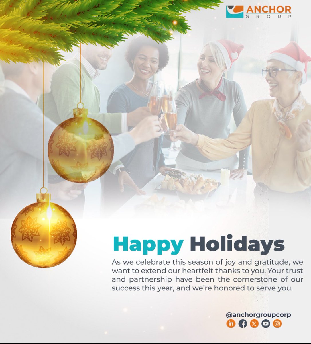 AnchorGroupCorp's tweet photo. Happy Holidays from all of us at The Anchor Group! 

We want to extend our heartfelt thanks to you. Your trust and partnership has been the cornerstone of our success this year, and we’re honored to serve you. 

May your Holidays be filled with peace and the warmth of loved ones. https://t.co/1A8OkrbExu