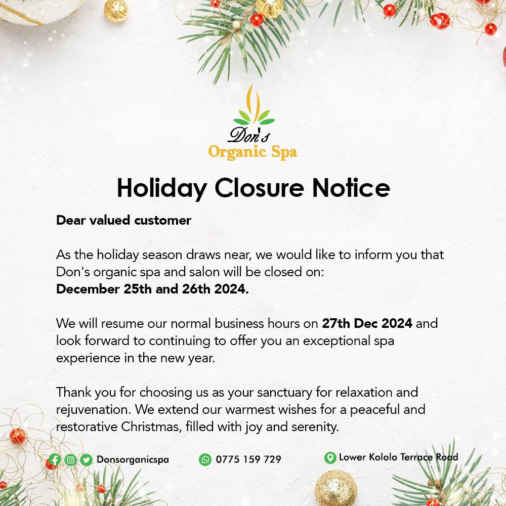 DonsOrganicSpa's tweet image. Dear valued clients, we’ll be taking a short festive break on December 25th and 26th to celebrate the holidays. We’ll be back to pamper you on the December 27th. We Wish you a joyful and relaxing festive season. Merry Christmas 🎄

#DonsOrganicSpa #Salon #festivities #christmas