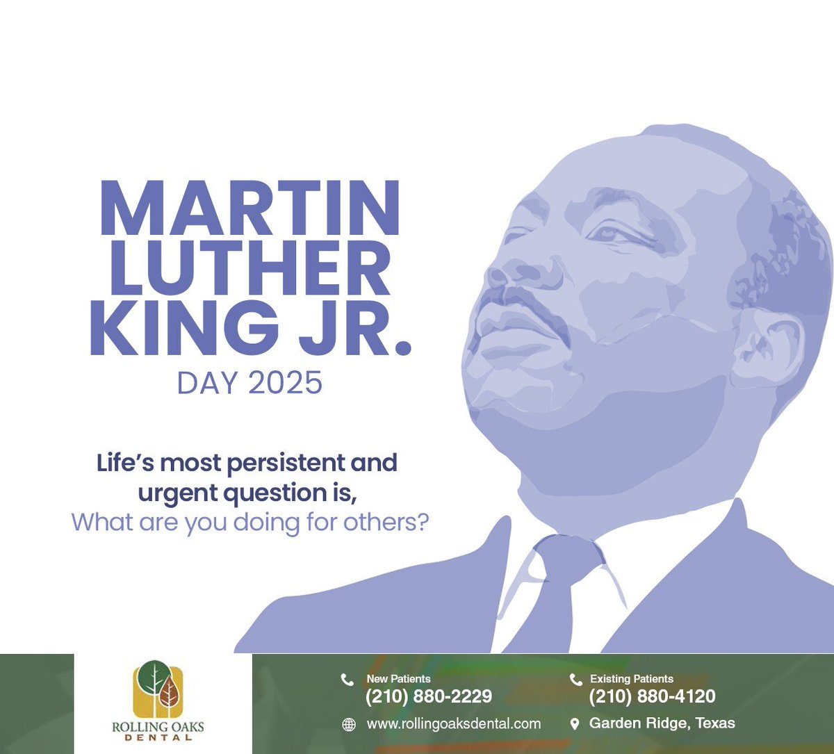 Martin Luther King Jr. Day falls on January 20 this year and is a call to promote change within our communities while honoring the legacy of Martin Luther King Jr. Share this post to raise awareness. #MLKDay2025 #RollingOaksDental #GardenRidge #TX