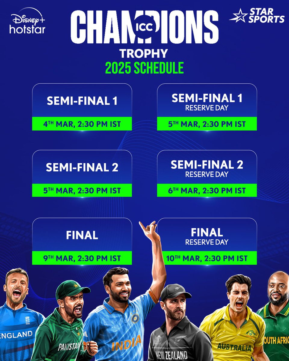 StarSportsTel's tweet photo. ఛాంపియన్స్ ట్రోఫీ షెడ్యూల్ వచ్చేసింది 🤩
మరి టాప్ టీంలు అందించబోయే అన్లిమిటెడ్ యాక్షన్కు మీరు రెడీనా?
చూడండి | Champions Trophy
19 FEB | WED, 2.30 PM నుండి
మీ #StarSportsNetwork లో
#ChampionsTrophy2025 https://t.co/Vw7WJN0X3n