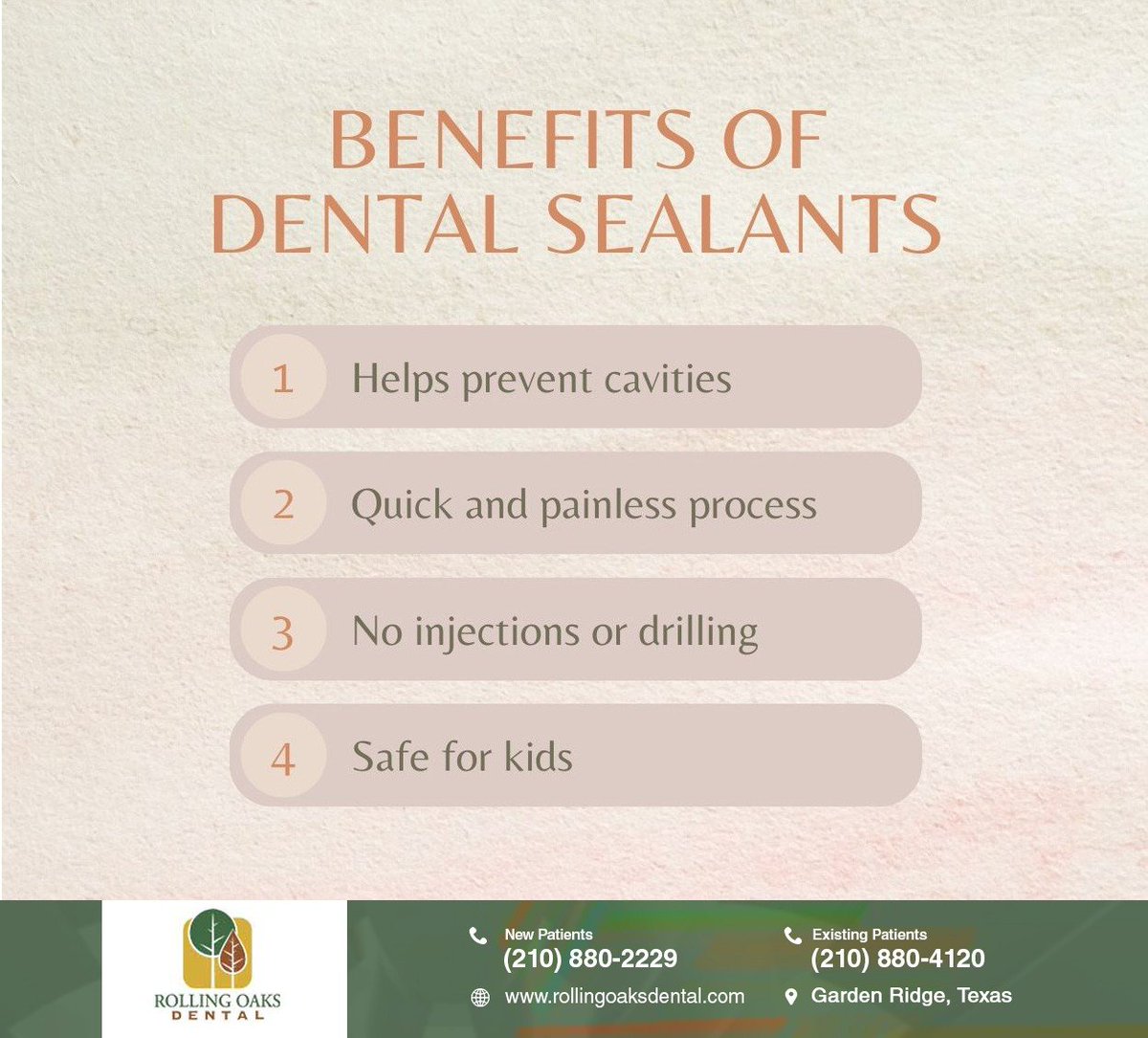 Tiny grooves in the back teeth of your little one can lead to tooth decay. Dental sealants are a quick and effective way to prevent cavities from forming. Rolling Oaks Dental can help. #dentalsealants #RollingOaksDental #GardenRidge #TX