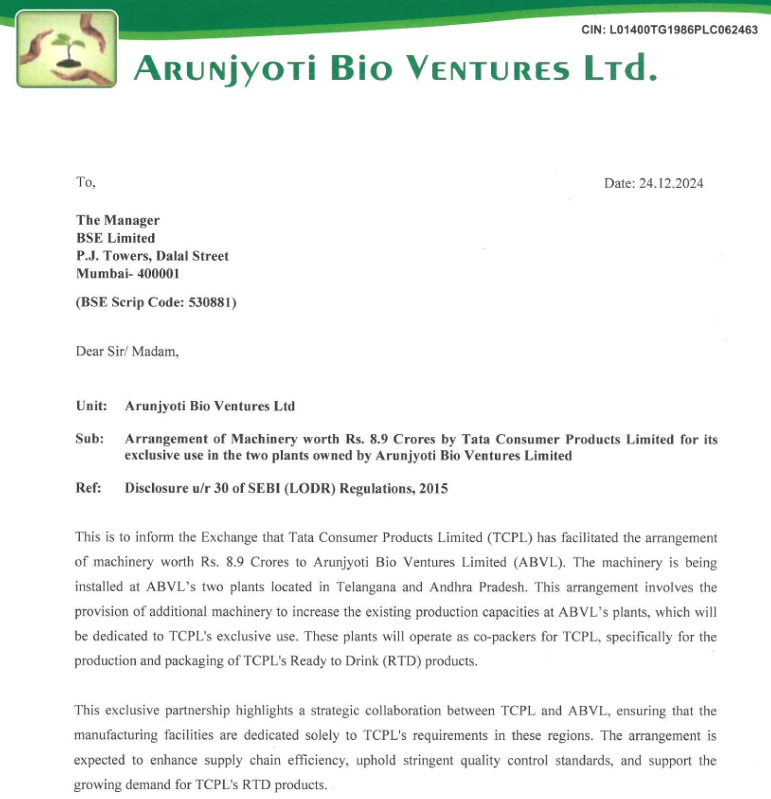 BhartiyNiveshak's tweet photo. #ABVL - Tata Consumer Products Limited (TCPL) has facilitated the arrangement of machinery worth ₹8.9 Crores to Arunjyoti Bio Ventures Limited (ABVL). The machinery is being installed at ABVL’s two plants located in Telangana and Andhra Pradesh. This arrangement involves the provision of additional machinery to increase the existing production capacities at ABVL’s plants, which will be dedicated to TCPL's exclusive use. These plants will operate as co-packers for TCPL, specifically for the production and packaging of TCPL's Ready to Drink (RTD) products.