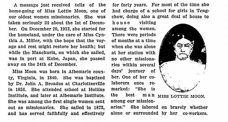 SBCHistory's tweet image. OTD in 1912 Lottie Moon died in Japan while attempting to return under poor health. In 1913 the Foreign Mission Journal of @IMB_SBC reported on her death  the month before. “She labored on bravely whether alone or surrounded by her coworkers.”