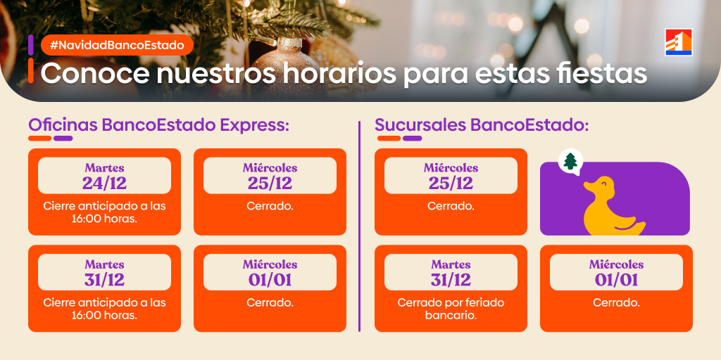 BancoEstado's tweet photo. ¡Adelanta tus trámites esta Navidad! 🎄✨ Hoy nuestras oficinas BancoEstado Express estarán abiertas en horario especial hasta las 16:00 hrs. 👩🏻💼 Resuelve lo que necesites y disfruta más tiempo con los tuyos. ¡Felices fiestas! #BancoEstadoExpress #NavidadBancoEstado https://t.co/XssxviyloE
