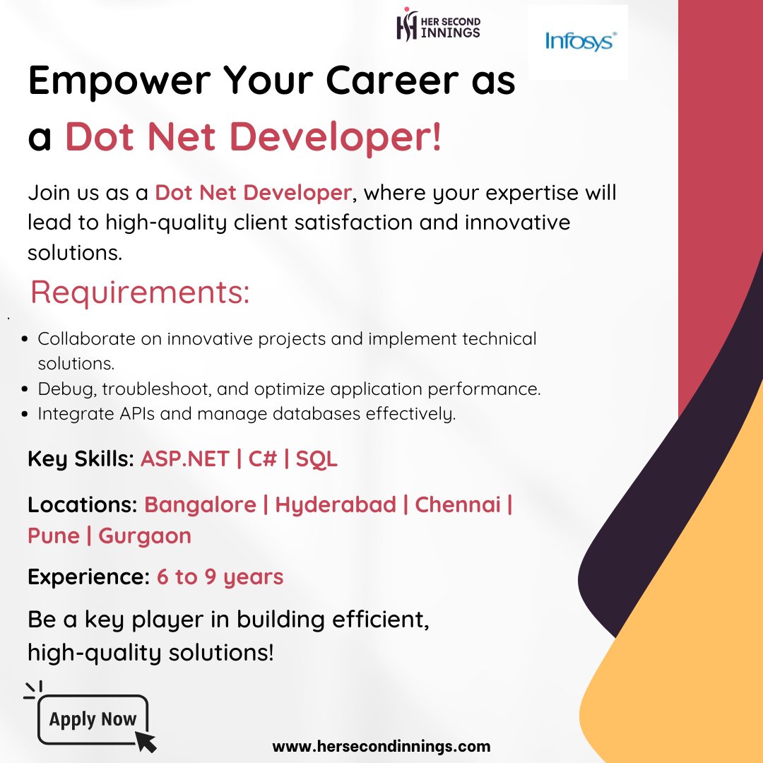 her2nd_innings's tweet image. 🚀 Empower Your Career as a Dot Net Developer!
Click here:hersecondinnings.com/job-details/?j…
#DotNetDeveloper #CareerOpportunity #HiringNow #ASPNet #CSharp #SQL #TechJobs #JoinOurTeam