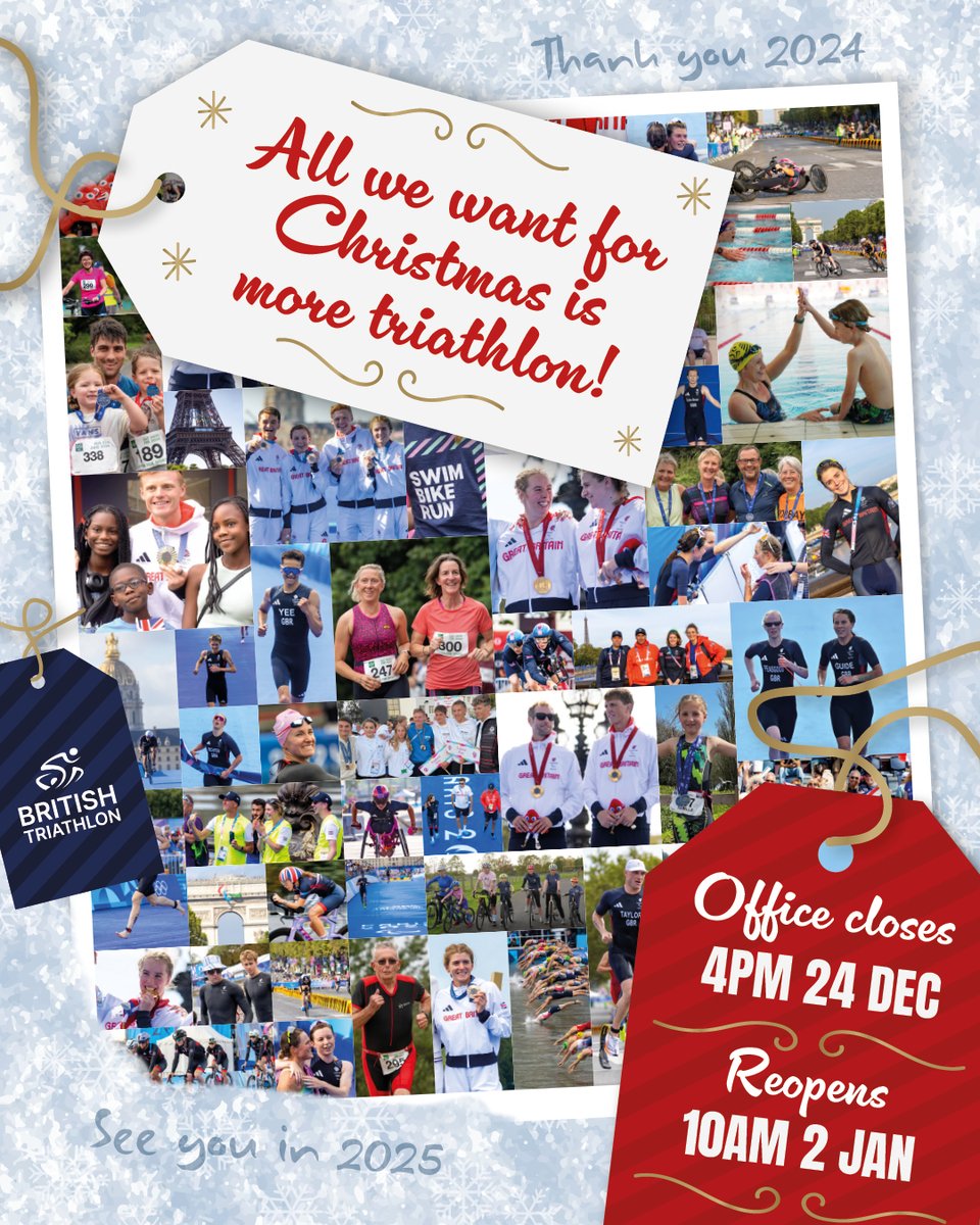 Tis' the season to be festive 🎄

The British Triathlon office will be closed from 4pm on Tuesday 24 December until 10am on Thursday 2 January.  

Any queries during this time will be responded to when the office reopens, and we wish you a wonderful festive period ✨