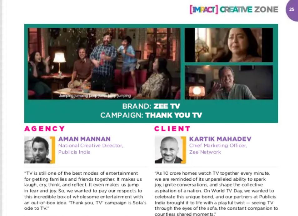 Publicis India’s 'Thank You, TV' campaign for Zee TV is a heartfelt tribute on how television brings people together, creating unforgettable memories. 

Thank you IMPACT Magazine for once again highlighting our work.