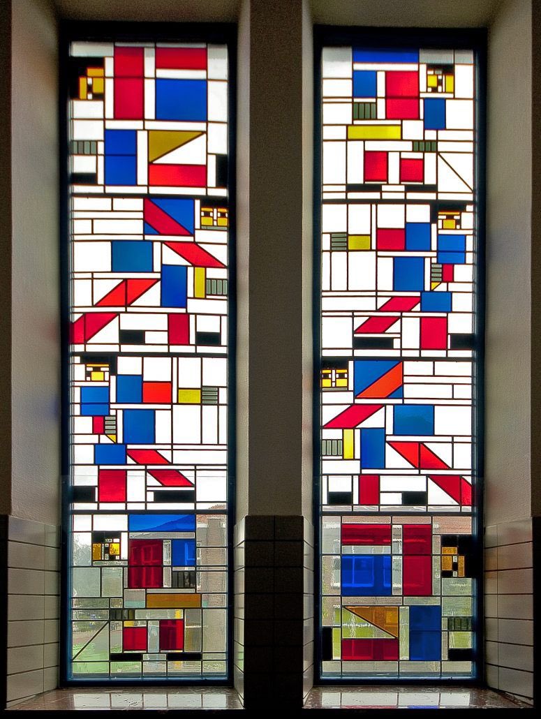 BauhausMovement's tweet photo. Theo van Doesburg. The large pastoral two-part stained glass window, in Drachten, Netherlands, 1921/22. https://t.co/K1m1YlGV4N