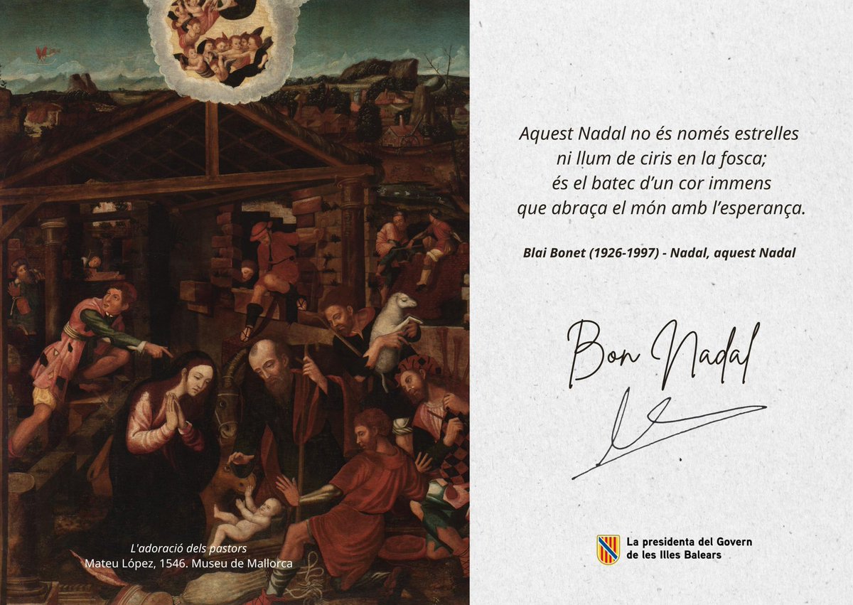 Deia Blai Bonet que el Nadal és el batec d’un cor immens que abraça el món amb esperança. I aquest és el meu desitj per a tots vosaltres: amor, esperança i sobretot salut per a totes les vostres famílies, amb els que avui s’asseuran a taula i amb el record dels que hi faltaran,