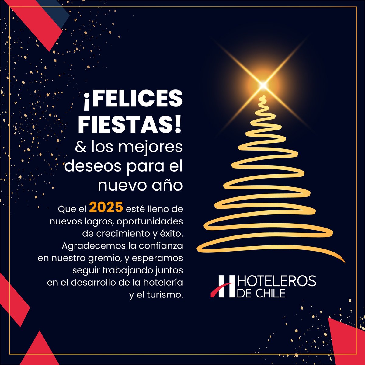 🎄✨ Desde Hoteleros de Chile A.G. les enviamos nuestros mejores deseos para estas fiestas🎅🎁. 
Que la Navidad nos inspire a reflexionar sobre lo que realmente importa y que el próximo año nos brinde nuevas oportunidades para seguir creciendo y construyendo un futuro mejor 🌟🌍.