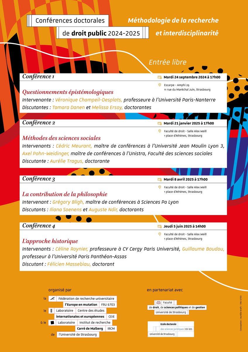 ▶️Discussion avec A. Pohn-Weidinger et C. Meurant, sur les Méthodes des sciences sociales

▶️ Objet : à partir du cas de la justice administrative, voir comment les méthodes des sciences sociales peuvent être mobilisées en droit et sur le droit.

▶️à Strasbourg, le 21/01/25.