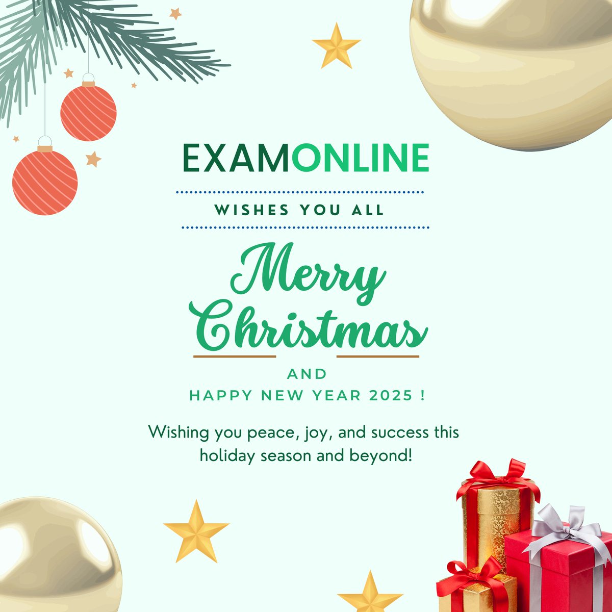Merry Christmas from the ExamOnline team! 🎄 
We're grateful for our amazing customers, partners, and the entire team. Wishing you a joyful holiday season and a successful new year filled with happiness. #MerryChristmas #ExamOnline #HappyHolidays
