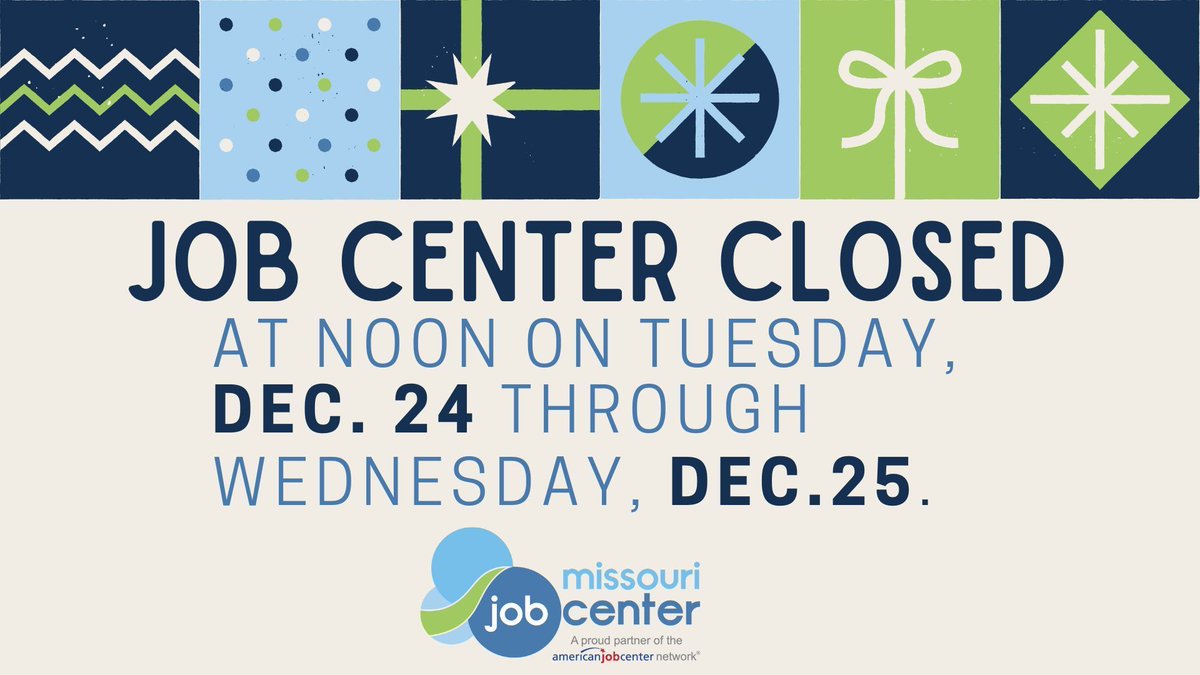 Missouri Job Centers will close at noon on Tuesday, December 24 and reopen Thursday, December 26. We wish everyone a wonderful holiday season!🎄✨