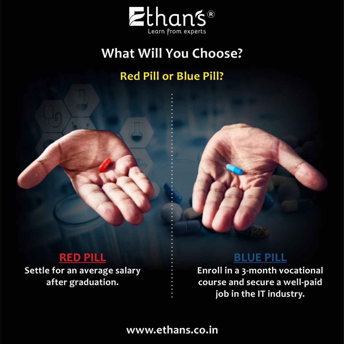 ethanstech_co's tweet image. The choice is yours – stay average or level up your career with skills that make you stand out! 🚀

🌐 Learn more: ethans.co.in

#CareerChoice #TechTraining #EthansTech #VocationalCourses #BluePillSuccess #ITCareers #LevelUpYourCareer #ChooseWisely