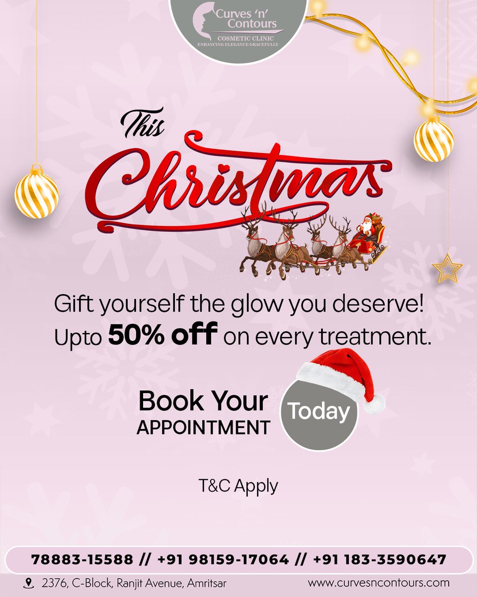 🎁 Unwrap the gift of glowing skin this Christmas! ✨ With upto 50% off, your perfect holiday look is just an appointment away.

Call us: 78883-15588 | +9198159-17064 | +91183-3590647

#ChristmasSpecial #HolidayDeals #GiftOfGlow #FestiveSeason #TreatYourself #ChristmasOffers
