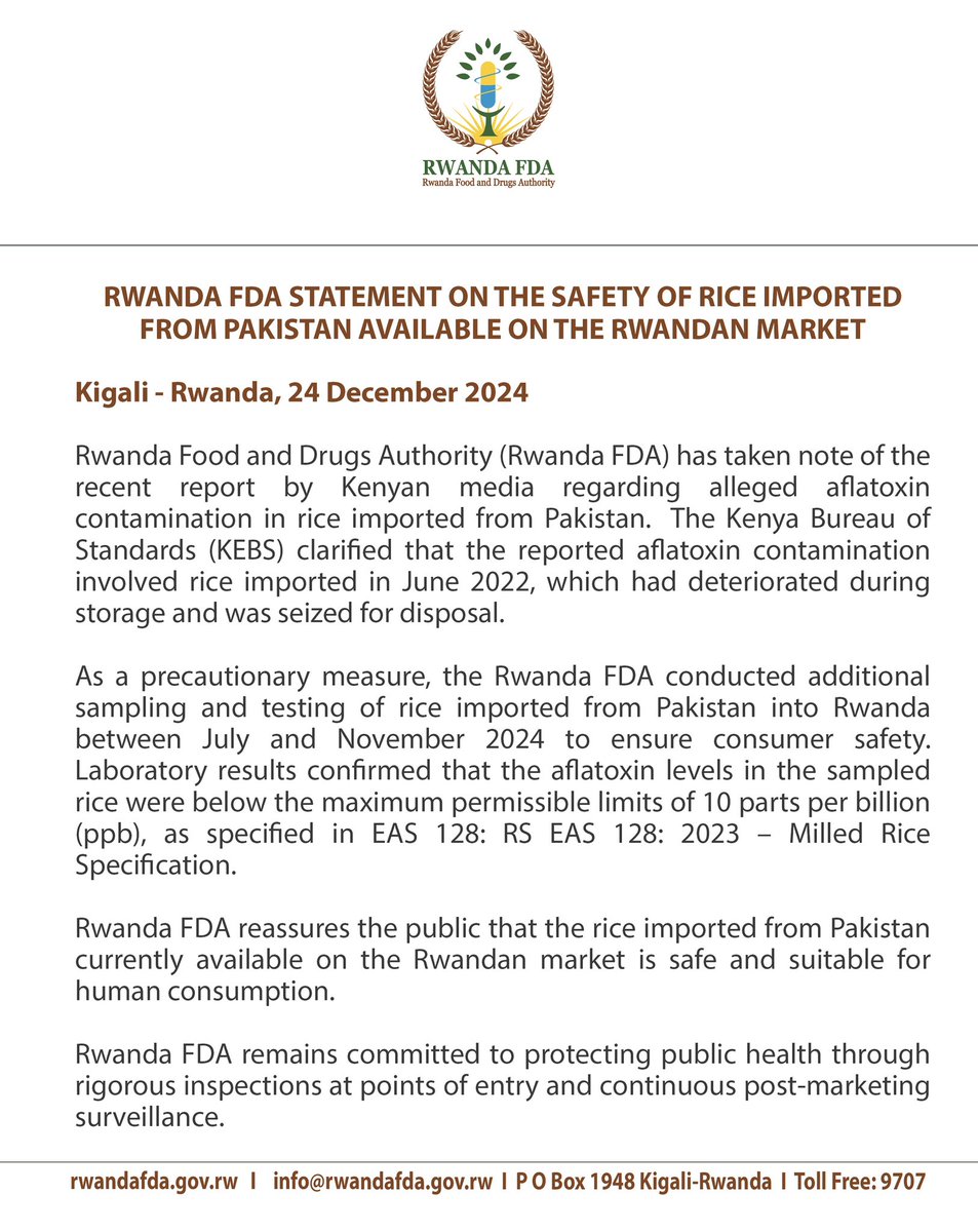 Rwanda FDA Statement on the Safety of Rice Imported from Pakistan Available on the Rwandan Market.