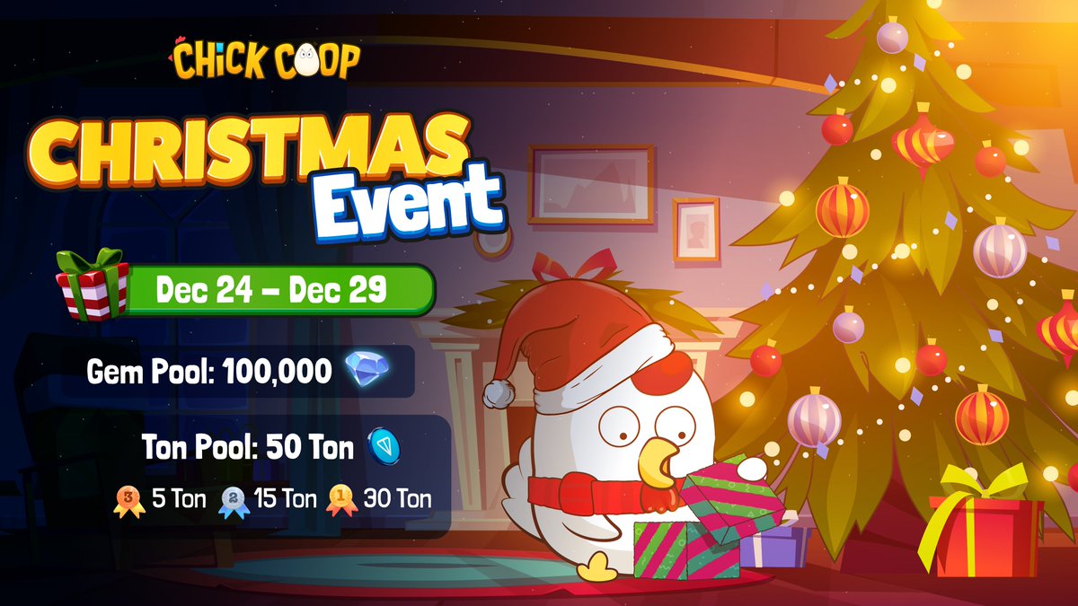 chickcoop_io's tweet photo. 🎄 Christmas Event is here, fam🐣

🙌 Simple: Post a Christmas-themed photo featuring a Chicken🐔

Get as creative as you like—make sure there’s a chicken in the picture and some festive Christmas vibes to tie it all together! ✨

🤔How to participate:   
1️⃣ Quote this post  
2️⃣ Post a Christmas-themed chicken photo & tag @chickcoop_io  
3️⃣ Include your Chick Coop referral link and Hashtag #chickcoopevent

🎁Prizes:
- Gem Pool: 100,000 Gems—shared among ALL participants (1 reward per referral link)
- TON Pool: 50 TON—split among the MOST 3 impressive photos

⏳Duration: December 24th – December 29th (Results will be announce shortly afterwards)

🫵It’s time to get festive and bring the cluckin’ Christmas vibes✨—we want to see your creativity on full display🐔

#chickoop #ton