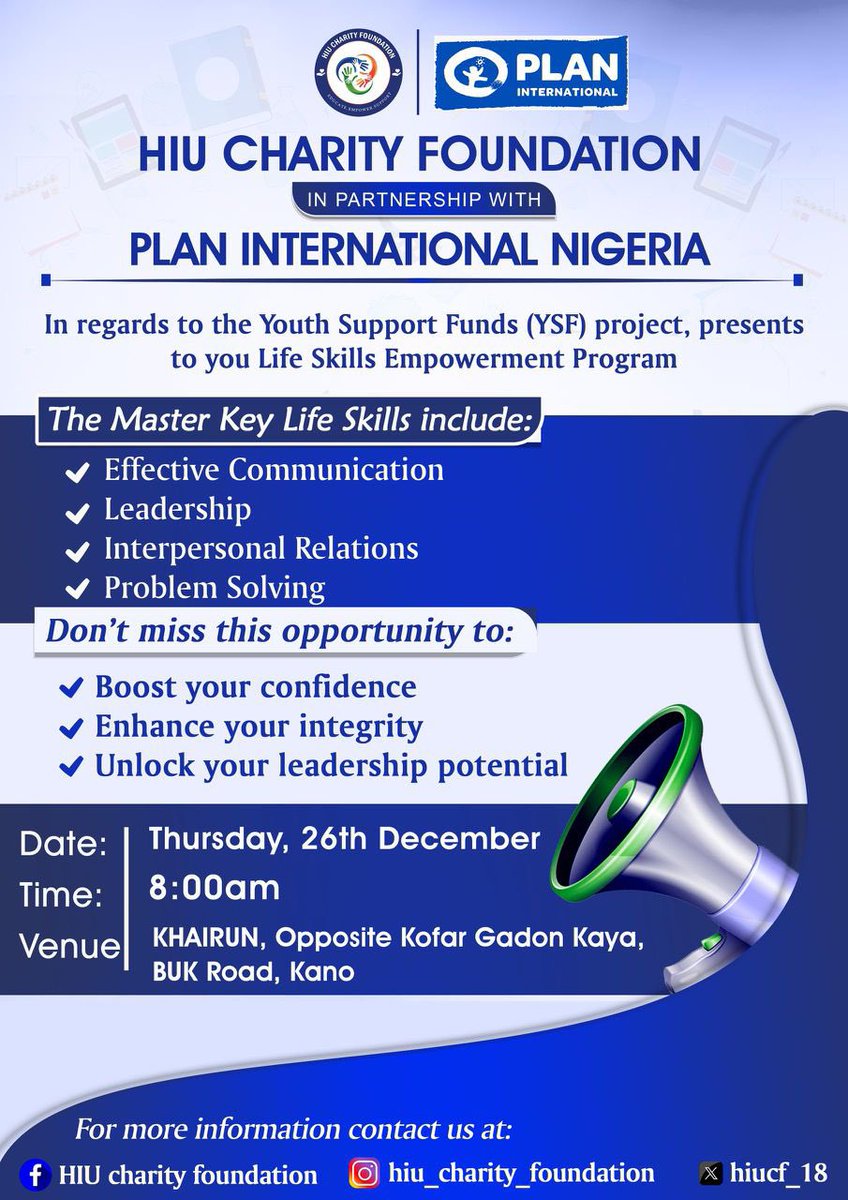 HIUCF_18's tweet photo. “Unlock Your Potential with HIU Charity Foundation and Plan International! 🚀 

Join our  Life Skills Empowerment Program on Thursday, 26th December, to master communication, leadership, Gain confidence, integrity, and the tools to succeed in every area of life!” https://t.co/H8kDEVUqia