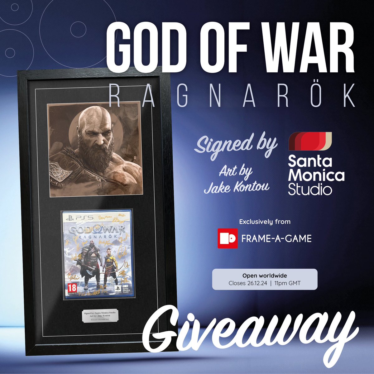 Frame-A-Game (@frameagame) on Twitter photo XMAS GIVEAWAY! ❄️ 🎁
Here’s your chance to win a copy of God of War: Ragnarök signed by the <a href="/SonySantaMonica/">Santa Monica Studio – God of War Ragnarök</a> team accompanied by art by the super-talented Jake Kontou.
All you need to do is:
👉 Follow <a href="/FrameAGame/">Frame-A-Game</a> & <a href="/jakekontou/">Jake Kontou</a>
👉 Retweet this tweet
Closes 26.12 at 11pm
Open XMAS GIVEAWAY! ❄️ 🎁
Here’s your chance to win a copy of God of War: Ragnarök signed by the <a href="/SonySantaMonica/">Santa Monica Studio – God of War Ragnarök</a> team accompanied by art by the super-talented Jake Kontou.
All you need to do is:
👉 Follow <a href="/FrameAGame/">Frame-A-Game</a> & <a href="/jakekontou/">Jake Kontou</a>
👉 Retweet this tweet
Closes 26.12 at 11pm
Open