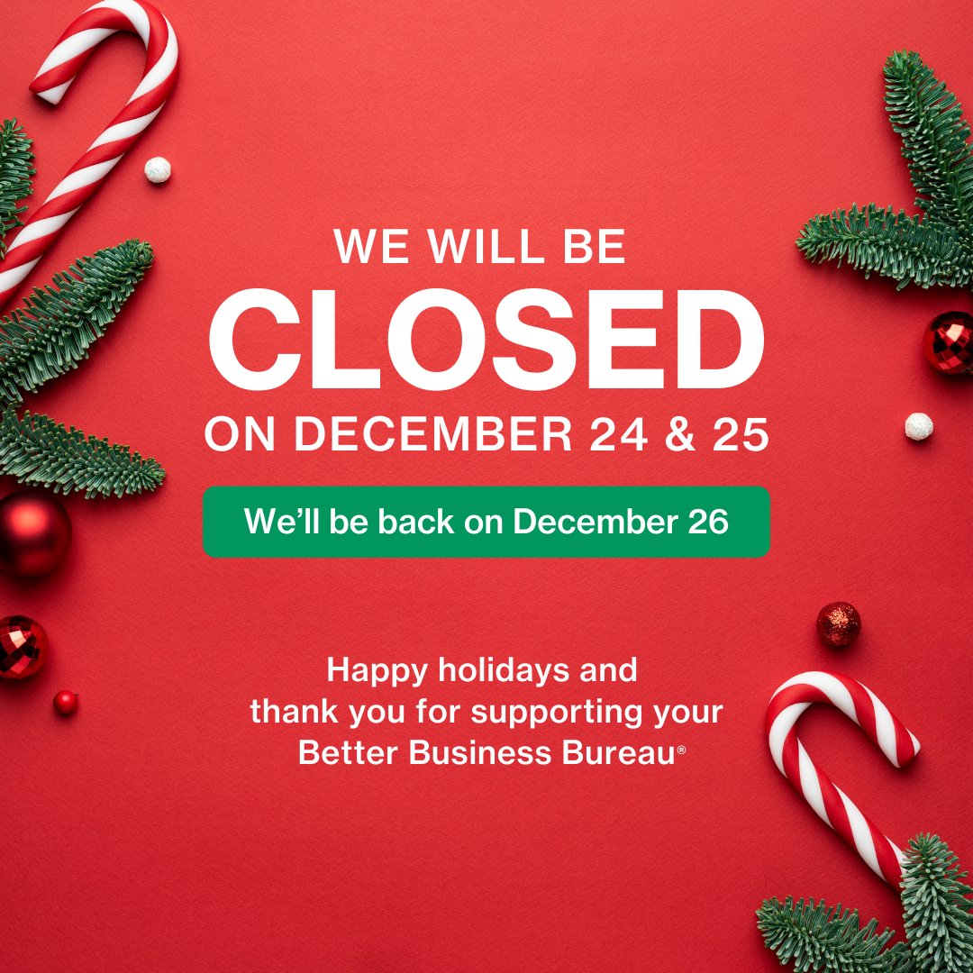 Holiday Office Hours Announcement 🎄

Our office will be closed today, December 24, and tomorrow, December 25, to celebrate the holidays. We’ll be back and ready to assist you on December 26!

Wishing you a joyful and safe holiday season! ✨🎅

#BBBHOT #HappyHolidays