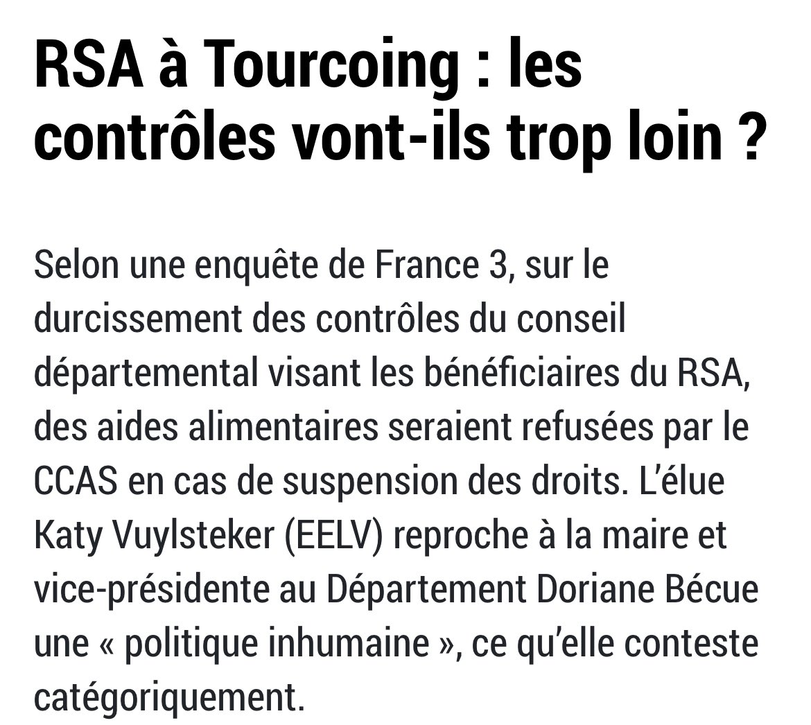 Les « sanctions-remobilisations » des allocataires du RSA ont été décidées par Christian Poiret et Dorianne Bécue (également Maire de Tourcoing) sans information des élu•es du <a href="/departement59/">Département du Nord</a>. 

Comme en séance plénière, nous dénonçons cette décision.