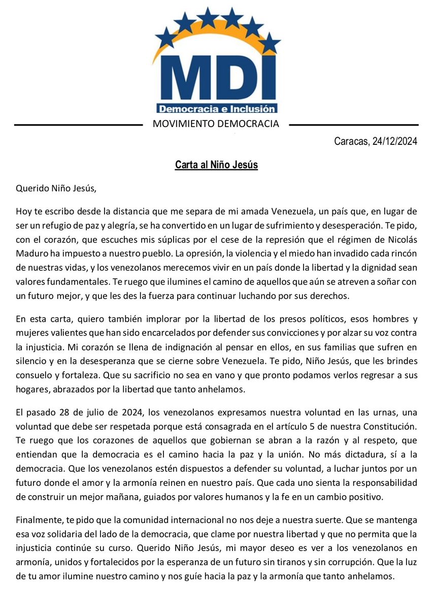 Carta al Niño Jesús. Una carta que expresa nuestro deseo de cambio, transformación y armonía. 
Cambios que solo serán posibles en una Venezuela libre de liderazgos negativos.
#QueridoNiñoJesús