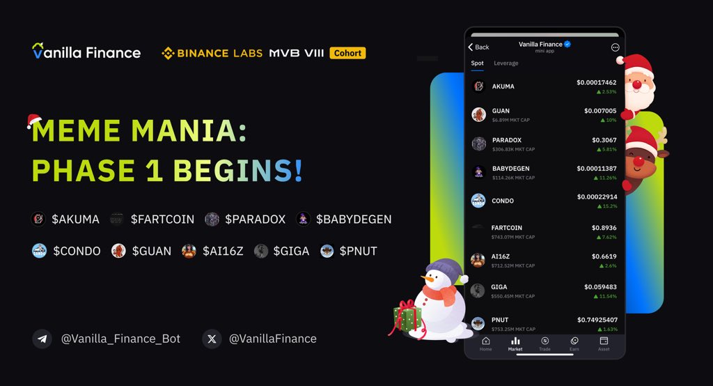 🎄Christmas Meme Mania: Phase 1 Begins! 🎅

This Christmas season just got even merrier! We're thrilled to kick off the first wave of memecoin madness with 30 exciting meme tokens launching today on Vanilla Spot Market on Base and Solana chain! 🎁

Start trading now and join the