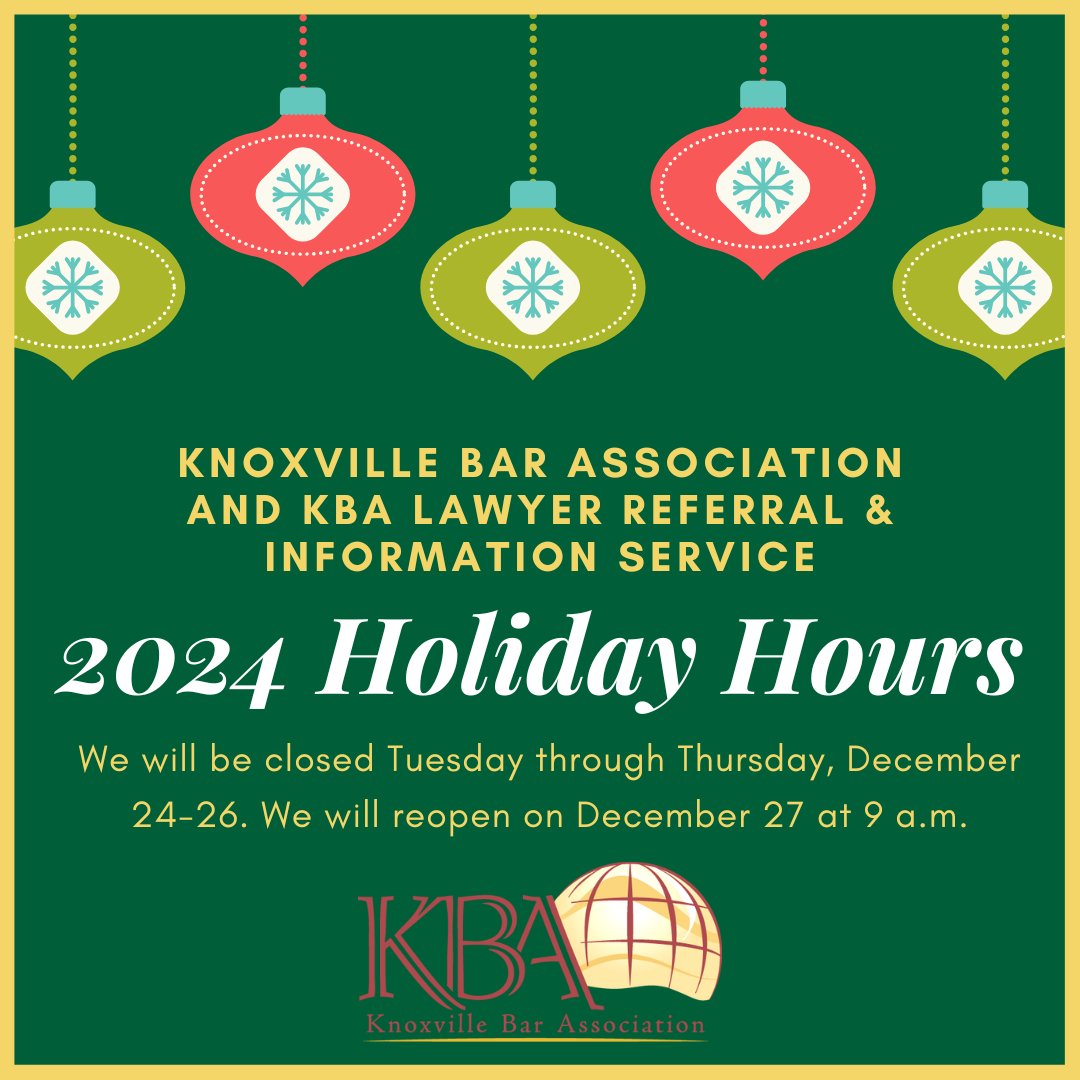 🎄✨ Happy Holidays from all of us at the Knoxville Bar Association! 🎅🤶 Our office will be closed from December 24th through December 26th as we celebrate the season. We wish you a joyful and peaceful holiday filled with love, laughter, and cheer! ❄️🎁