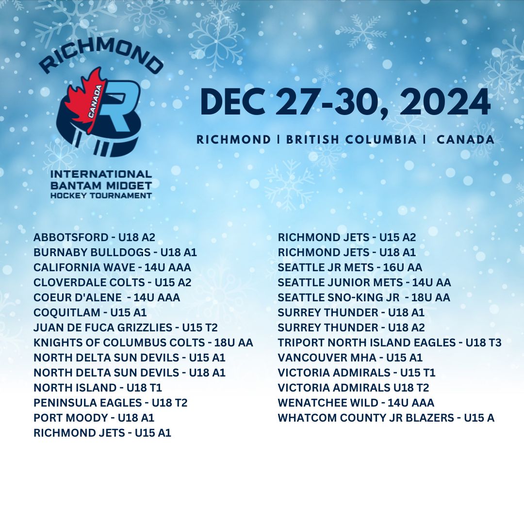 RichmondJetsMHA's tweet photo. Welcome to the 2024 Richmond International Bantam Midget Hockey Tournament! π Thrilled to host amazing teams for 4 days of hockey & sportsmanship in Richmond, BC! Good luck to all teams! πͺ
#RichmondJetsMHA #RIBMHT #PCAHA #BCHOCKEY #HockeyCanada https://t.co/4kswJyCGBU