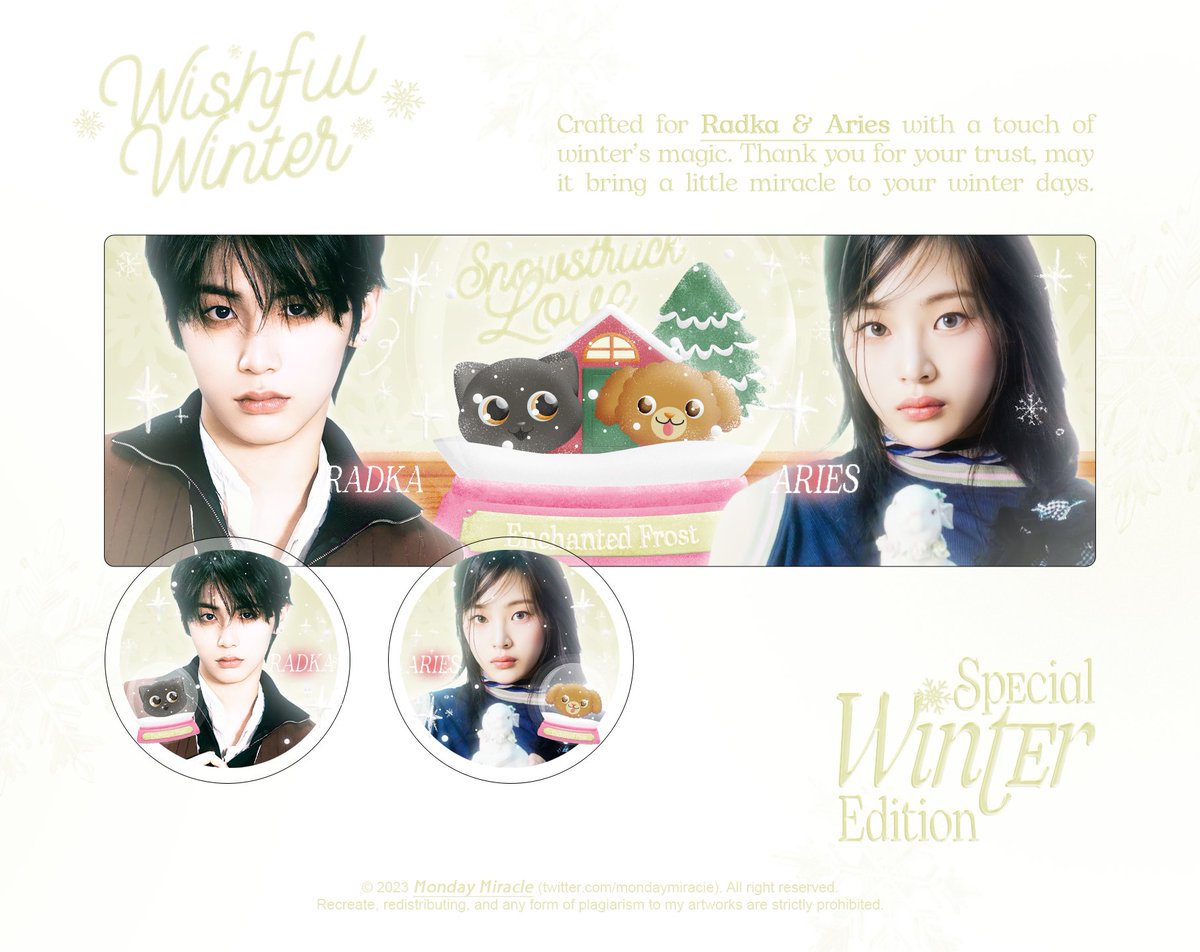 火星. the delicate beauty of 𝘚𝘯𝘰𝘸𝘴𝘵𝘳𝘶𝘤𝘬 𝘓𝘰𝘷𝘦 meets the icy elegance of 𝘌𝘯𝘤𝘩𝘢𝘯𝘵𝘦𝘥 𝘍𝘳𝘰𝘴𝘵. It seems like a frosted fairytale come true, and we are so grateful to Kak Monday for creating such winter fantasies for the black catto &amp;&amp; the brownie puppy. 🐈‍⬛🐕