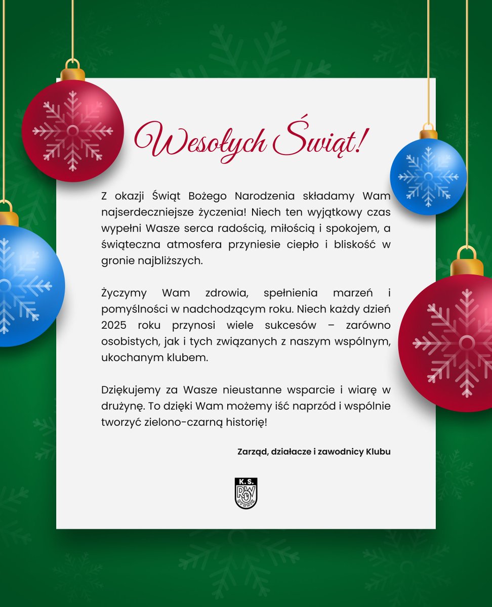 Z okazji Świąt Bożego Narodzenia życzymy Wam zdrowia, radości i rodzinnego ciepła. Niech Nowy Rok przyniesie Wam spełnienie marzeń i wiele powodów do dumy z naszego Klubu. 🎁

Dziękujemy, że jesteście z nami – razem tworzymy zielono-czarną rodzinę!

Wesołych Świąt! 👊