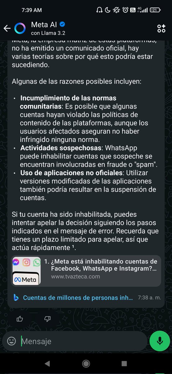 AragonMasters's tweet photo. Mm pues la respuesta de la IA de meta ya no es la misma al parecer ya sabe de los baneos y sabe que meta no a dado ningun comunicado oficial talvez lo haga en algun momento
Pd: los pasos que dice abajo no funcionan alv
Mientras tanto sigo sin facebook ni instagram.
#MetaResponde https://t.co/481yCMBq4Y