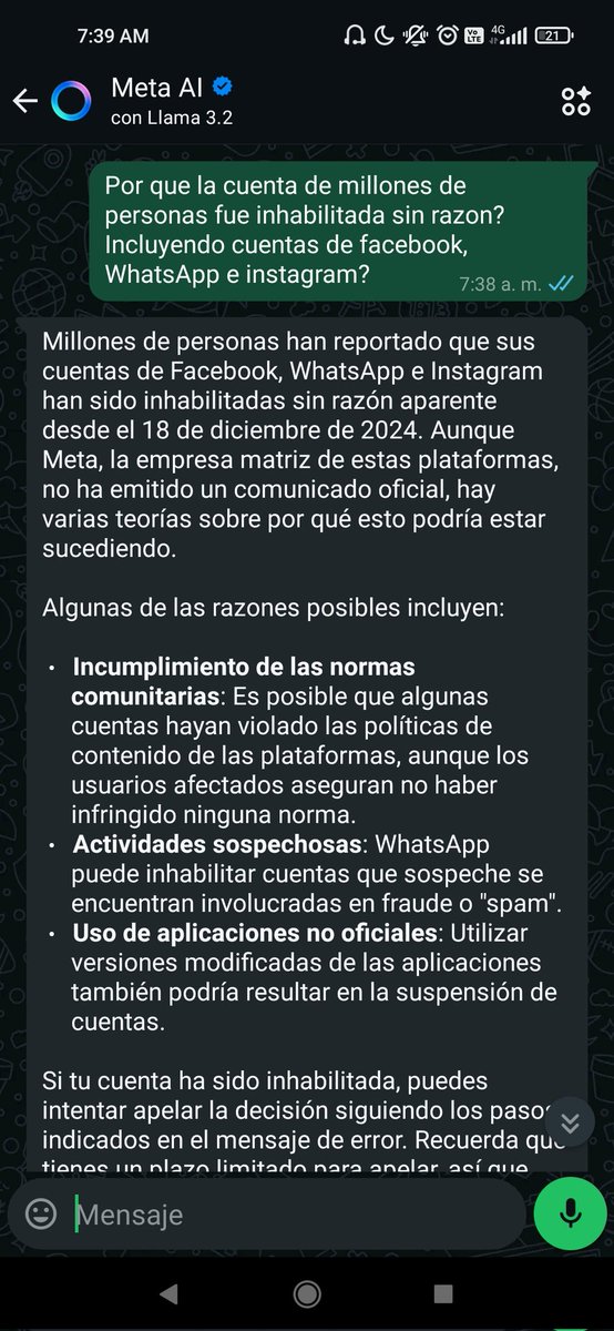 AragonMasters's tweet photo. Mm pues la respuesta de la IA de meta ya no es la misma al parecer ya sabe de los baneos y sabe que meta no a dado ningun comunicado oficial talvez lo haga en algun momento
Pd: los pasos que dice abajo no funcionan alv
Mientras tanto sigo sin facebook ni instagram.
#MetaResponde https://t.co/481yCMBq4Y