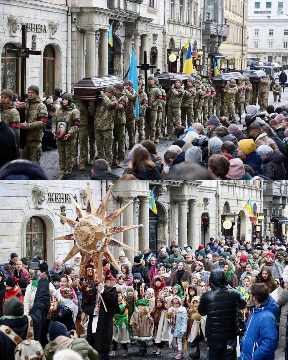 Two photos taken in Lviv on the same street half an hour apart — by the city's mayor, Andriy Sadovyi.