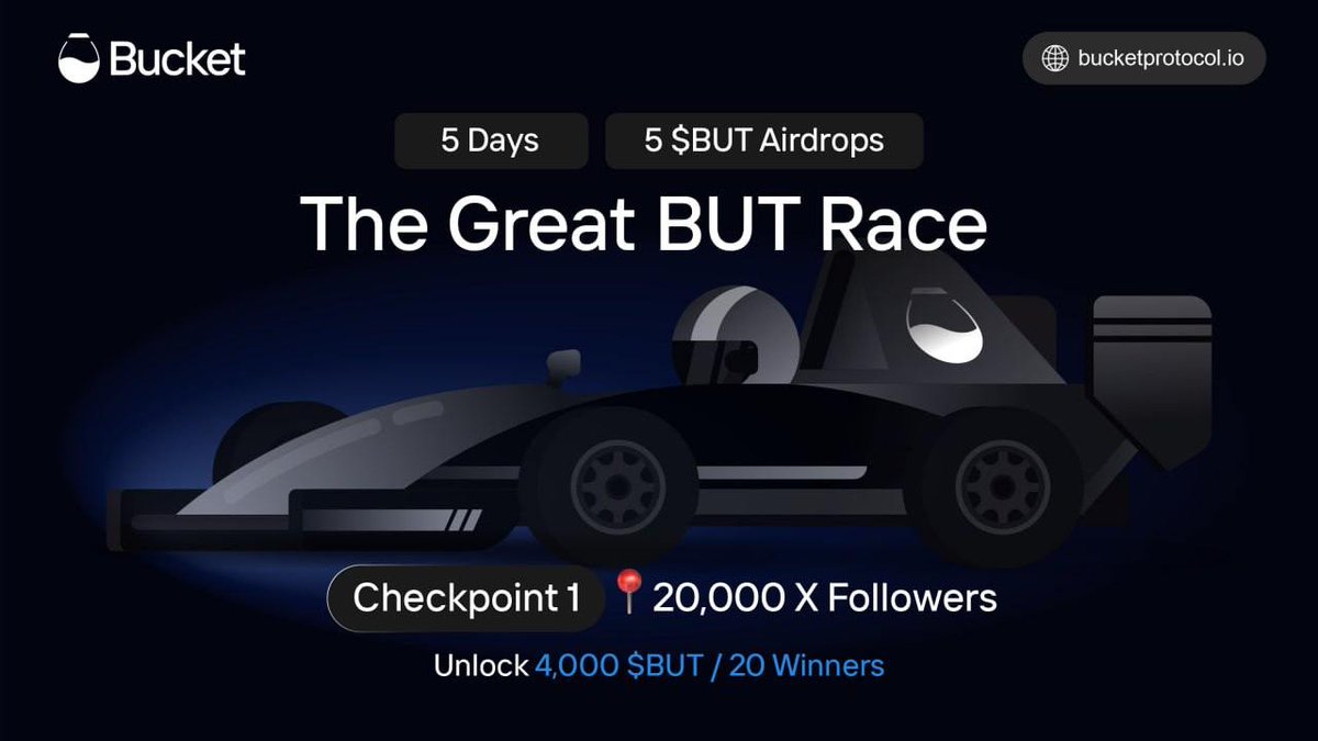 Bucket Protocol (@bucket_protocol) on Twitter photo The Great BUT Race is ON! 🏎️
5 days. Multiple checkpoints. $BUT airdrops incoming.
Checkpoint 1: 20K followers on X
Prize: 200 $BUT x 20 winners
To qualify:
1️⃣ Follow <a href="/bucket_protocol/">Bucket Protocol</a>
2️⃣ Like + RT this post
3️⃣ Drop wallet in comment & Tag 3 frens
Timer starts NOW 🏁🏁🏁 The Great BUT Race is ON! 🏎️
5 days. Multiple checkpoints. $BUT airdrops incoming.
Checkpoint 1: 20K followers on X
Prize: 200 $BUT x 20 winners
To qualify:
1️⃣ Follow <a href="/bucket_protocol/">Bucket Protocol</a>
2️⃣ Like + RT this post
3️⃣ Drop wallet in comment & Tag 3 frens
Timer starts NOW 🏁🏁🏁