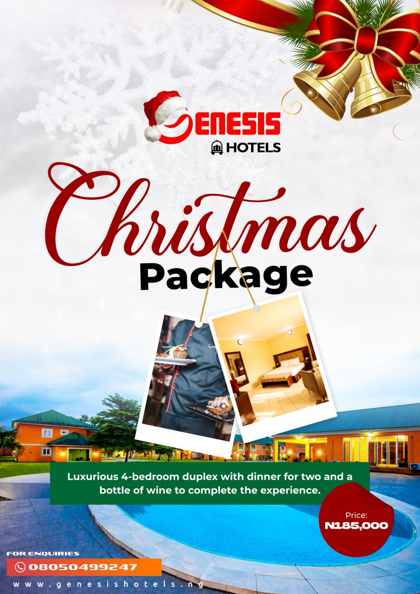 GenesisHotels's tweet photo. We have amazing packages for you this christmas at our Wellness Park Hotel😍😍 Book a luxurious stay for you and your loved ones this festive season😋 
#Christmas #Christmas2024 #ChristmasEve #Nigeria https://t.co/GnCKaw4n0w