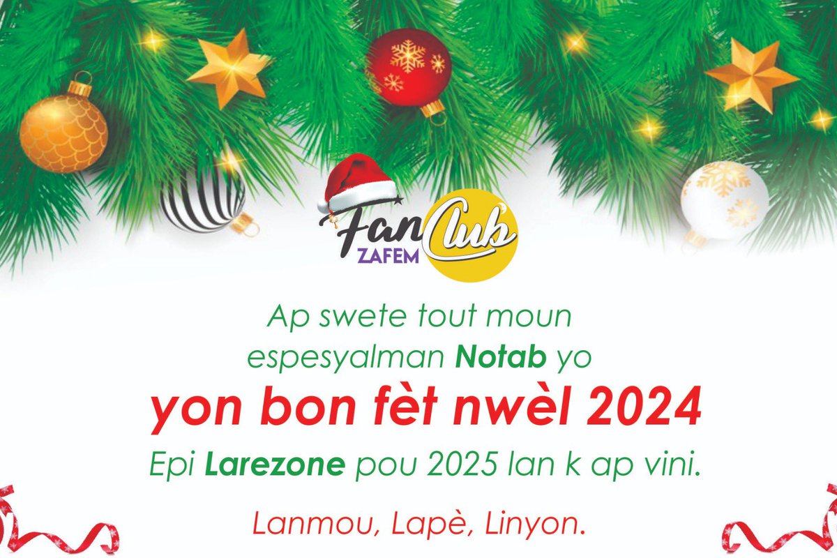 fans_club_zafem's tweet photo. Bon MAKAYA tout moun 🤍💚❤️🎄💥
Larezone pou 2025 
#FanClubZafem #DenerCeide #ReginaldCange #Zafem #Fanatik #Mizik #SezonFèt #Lanmou #Lamitye #Lapè #Linyon https://t.co/Z0GucvtLA3