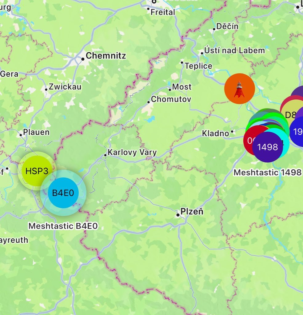 jhuspek's tweet image. The @TheMeshtastic network coverage from Prague to As is pretty poor. 🥲 #meshtastic #badcoverage