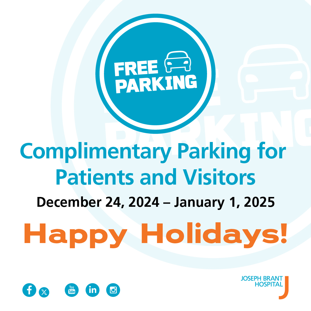 As a way to give back to our community, Joseph Brant Hospital is offering free parking to patients and visitors starting today, Tuesday, December 24, 2024, until 11:59 p.m. on Wednesday, January 1, 2025.