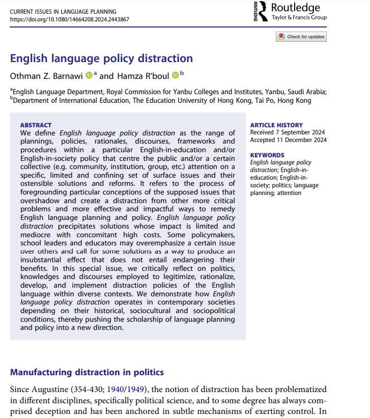 New journal article is out. It is co-authored with Prof <a href="/obarnawi1/">Prof. Othman (Osman) Barnawi</a> . It is titled "English language policy distraction".

tandfonline.com/eprint/8HNJRZ4…