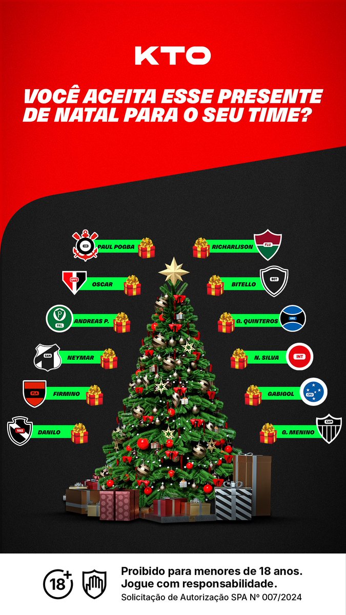 KTO_brasil's tweet photo. 🎁 VOCÊ ACEITA ESSE PRESENTE DE NATAL? 🎄

Se comportou para ganhar seu presente de natal do Papai Noel? Será que o bom velhinho traz o reforço ideal pro seu time? 👀

Fala aí: qual seria a melhor contratação da lista? 🤔

Proibido para menores de 18 anos. Jogue com responsabilidade.
Solicitação de autorização SPA n° 007/2024